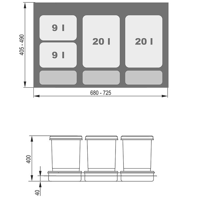 Nádoba na odpad Praktiko 80 4 Dílný (2X20L + 2x9l)