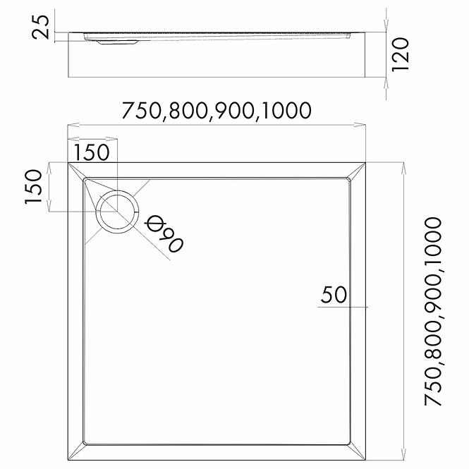 Vanička štvorcová Black Stone 80x80x12 Espera Plus AQM4630CST