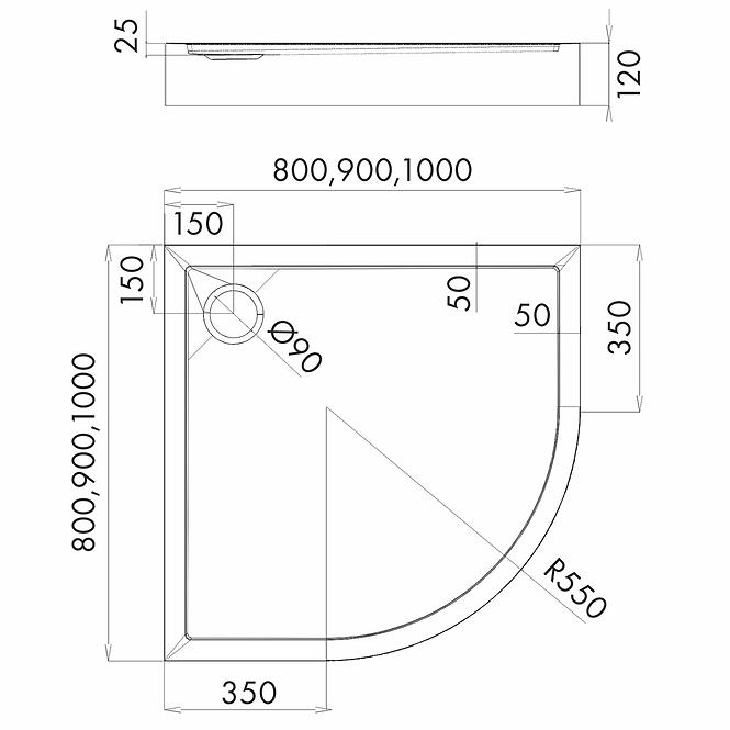 Vanička polokrúhla Black Stone 90x90x12 R55 Espera Plus AQM4634CST