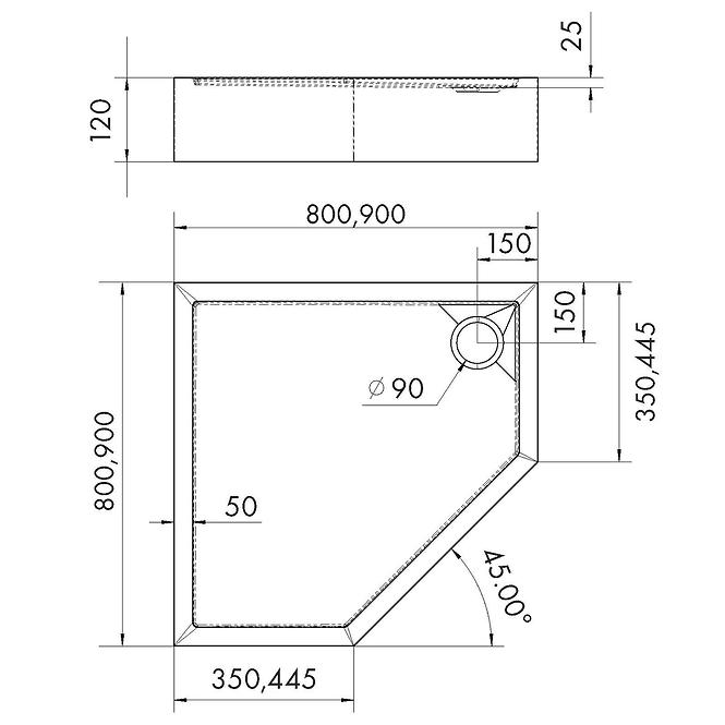 Vanička päťuhlová Black Stone 80x80x12 Espera Plus AQM4697CST