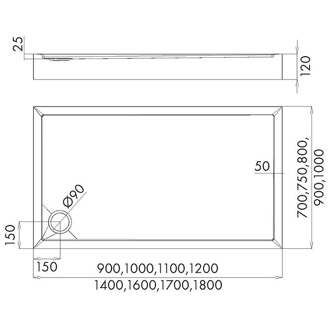 Vanička obdĺžniková Black Mat 80x120x12 Espera Plus AQM4638CMG