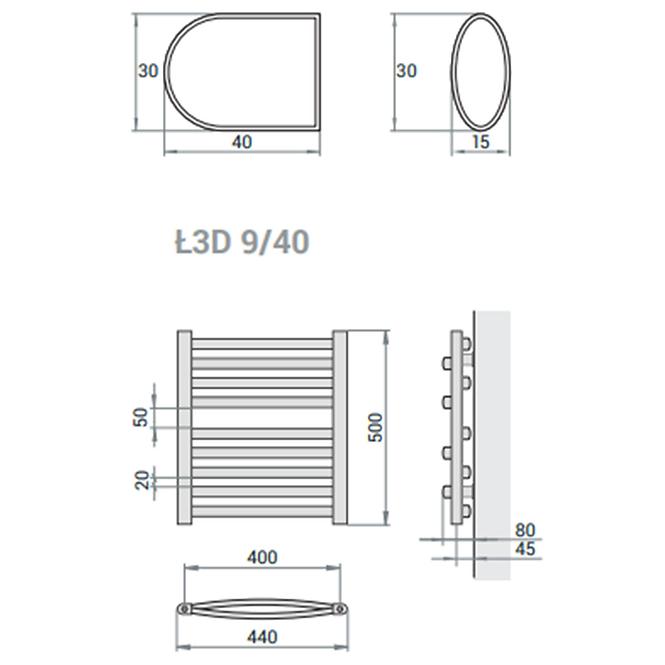 Kupelnovy radiátor Łezka 3D Ł3D 9/40 čierna 500x440 mm