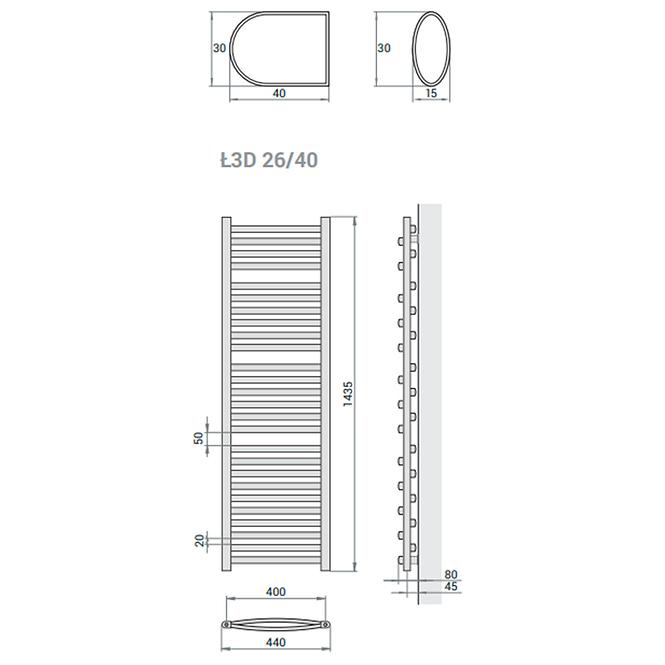 Kupelnovy radiátor Łezka 3D Ł3D 26/40 čierna 1435x440 mm