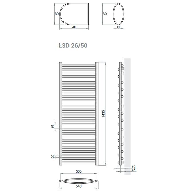 Kupelnovy radiátor Łezka 3D Ł3D 26/50 čierna 1435x540 mm