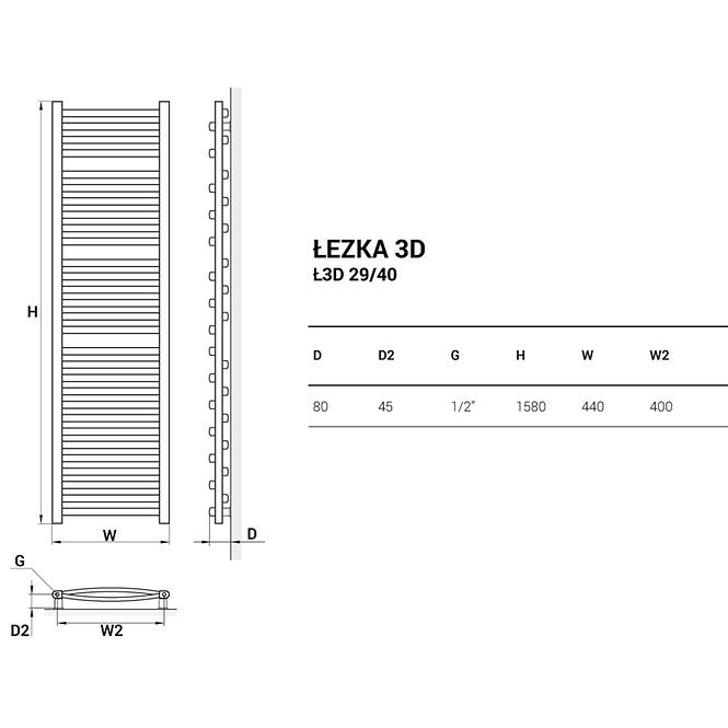 Kupelnovy radiátor Łezka 3D Ł3D 29/40 biela 1580x440