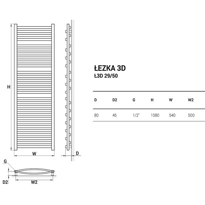 Kupelnovy radiátor Łezka 3D Ł3D 29/50 čierna 1580x540