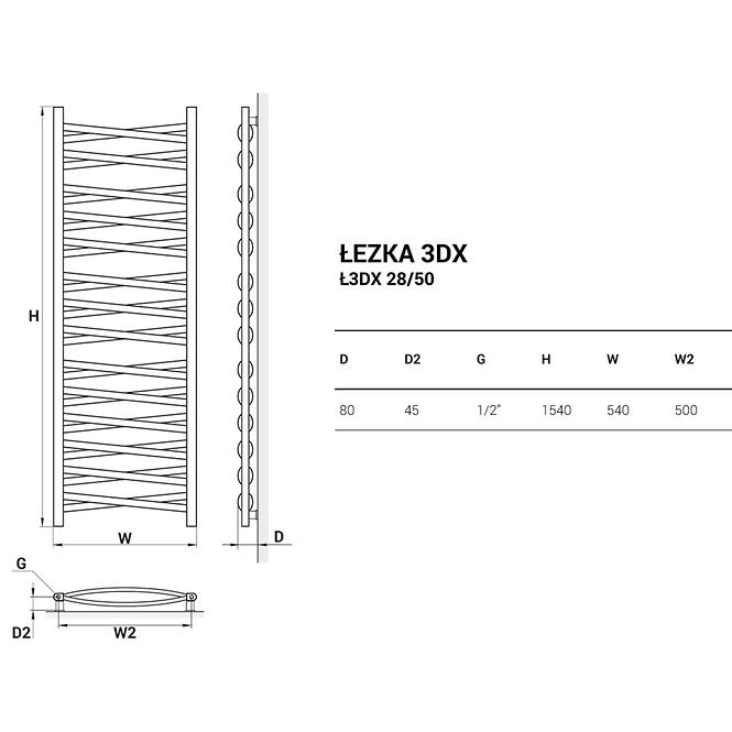 Kupelnovy radiátor Łezka 3D Ł3DX 28/50 čierna 1580x540